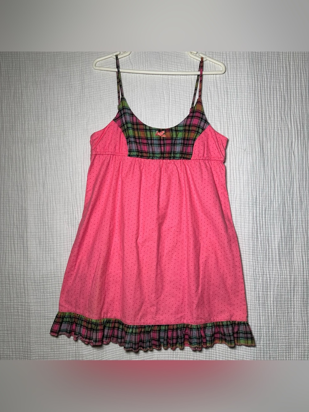 VTG Y2K Hot Pink Polkadot Babydoll Chemise Sleep Dress Nightie-L-Coquette Grunge
